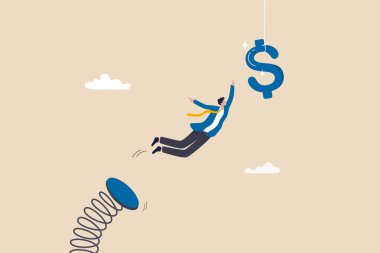 Pay raise, opportunity for more salary, income or investing profit, wages, chasing for earning, challenge or risk, motivation concept, confidence businessman jumping to catch dollar sign money. clipart