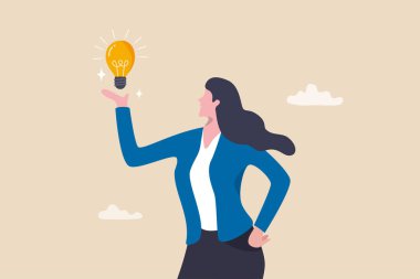Businesswoman holding lightbulb idea, female or woman leader, solution to solve problem, creativity, imagination or brilliant business idea, entrepreneurship, discover new inspiration concept.