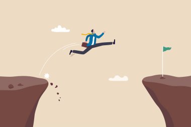 Take risk for opportunity to success, risky decision, determination or courage to overcome challenge concept, brave businessman winner jump over the cliff gap to reach success flag on other side.