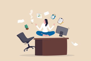 Employee wellbeing, being comfortable to work, project management or relax workplace, balance or productivity concept, office woman mindfulness meditating on working desk levitate working stuff.