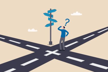 Business crossroads, finding solution or direction for success, confusion or what next challenge, opportunity choice or alternative concept, confused businessman at the crossroads thinking way to go.