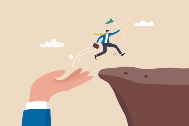 Helping hand or support to help achieve success, assistance or advice to reach next level, solution or employee encouragement concept, giant hand help businessman to jump up the cliff reach success.