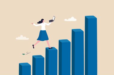 Growth or improvement, progress on career path to achieve business goal, motivation to success, step to skill development concept, businesswoman working on laptop walk up growing graph and chart.