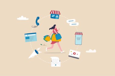 Omnichannel pazarlama, müşterilerin ürün satın alması için çok kanallı kanallar, alışveriş çantalı genç kadın müşteriler çok kanallı mağazalardan, web sitelerinden, cep telefonlarından ve diğer sohbet ve çağrı merkezlerinden alışveriş yapıyorlar..
