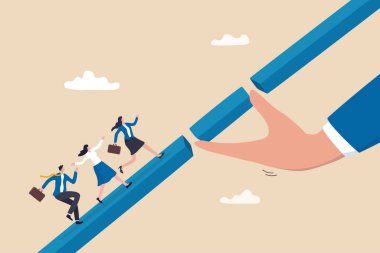 Bridging the gap, business support or help for employee or team to reach success, career progress, assistance or mentorship, giant businessman hand bridging the gap for people to progress to target.