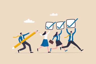 Checklist or checkmark for task completion, survey or questionnaire, finish work or accomplishment, get thing done or tick the checkbox concept, business people hold checklist and pencil to tick.