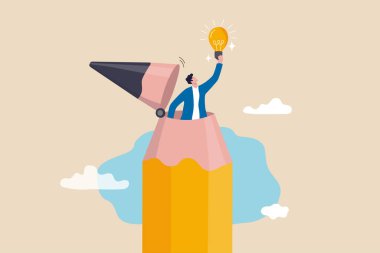 Creative idea, inspiration or imagination to think about new idea, creativity, knowledge learning or writing content concept, young creative man open pencil top discover new lightbulb idea.