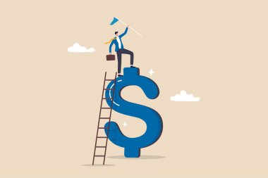 Financial success, income growth or business achievement, making money or profit, investment for financial freedom, opportunity, income concept, businessman winner holding flag climbing dollar sign.