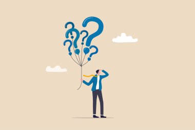 Question marks, finding solution or search for answer, solving problem or curiosity, questionnaire, FAQ or uncertainty concept, doubtful businessman holding question marks balloon look for solutions.