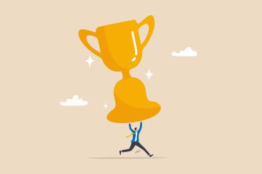 Big success or achievement, winning large business scale or challenge and effort to win award concept, confidence businessman entrepreneur carrying big winner trophy.