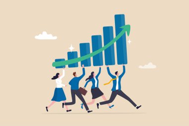 Business growth, improvement or progress to success, team planning and strategy to achieve success, growing or progress concept, business people employees help carrying growing graph together.