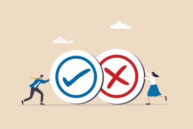 Pros and cons, do and dont or negative vs positive, comparison or advice article, yes or no, good or bad idea concept, business people holding big pros and cons, right and wrong symbols.