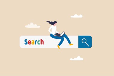 Search box, SEO search engine optimization or finding website from internet, online job or career opportunity concept, woman working with computer laptop on search box with magnifying glass button. clipart