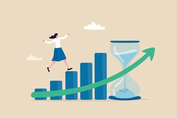 お金の時間価値 長期投資 ビジネスの成長や成功成長ビジネス 利益や投資利益の概念を作る 女性は時間の砂時計の比喩とグラフの成長を歩く — ストックベクタ