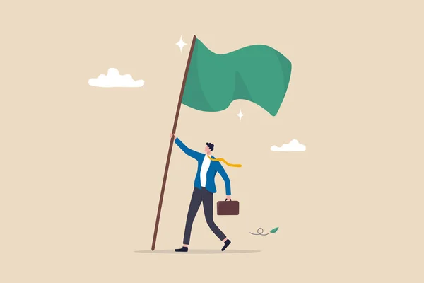 企业的胜利 任务的完成或成功的实现 领导能力或赢得比赛的胜利 挑战的概念 成功的商人高举胜利的旗帜和自豪 — 图库矢量图片