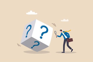 Gelişigüzel kazanma, kumar oynama, risk yönetimi, fırsat, tahmin ya da öngörü, bilinmeyen ya da belirsiz bir konsept, büyüteç ile iş adamı zarları soru işareti ile analiz eder..