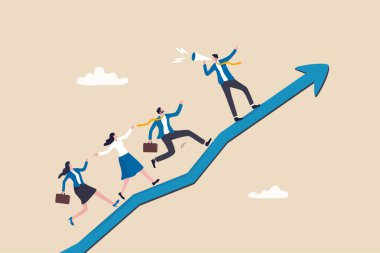 Çalışanları motive etmek, kariyer geliştirmek veya iş büyümesi için kişisel gelişime ilham vermek, iş büyümesi için motivasyon veya tavsiye, megafonlu işadamı çalışanları okla yükselmeye teşvik ediyor.