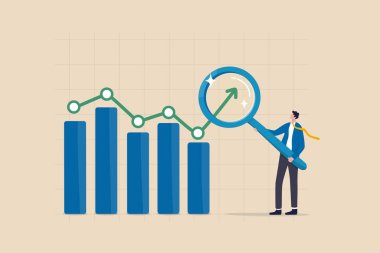 Trend analizi, pazarlama ve satış bilgileri, trend çizgisi veya kar tahminleri, iş tahminleri raporu konsepti, işadamı analizcisi eğilim grafiği ve grafiğini büyüteçle analiz eder veya öngörür.