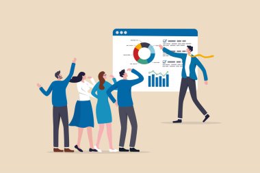 Yeni beceriler, koçluk veya takım tartışması, iş kursu, toplantı veya danışmanlık konsepti öğrenmek için personel eğitimi, seminer veya atölye çalışması, şirket çalışanlarına sunum yapan akıllı iş adamı koçluğu.