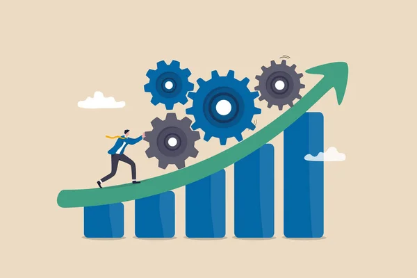 stock vector Process improvement, efficiency to increase productivity, management strategy, raising performance, quality or progress concept, businessman pushing cogwheels up on rising improvement graph diagram.