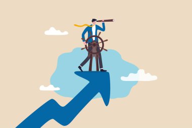 Şirket yönetimine liderlik etme, fırsat görme vizyonu, zorlukların üstesinden gelme becerisi veya büyüme konseptini kontrol etme kararı, iş adamı kaptanı büyüme oku dümenini kontrol ediyor.