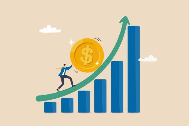 Compound interest exponential growth, investing earning profit, wealth management or savings, pension fund growing in long term investment concept, businessman push money coin up exponential graph. clipart