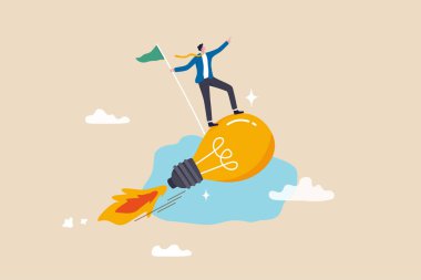 Success business idea, innovation or invention to reach goal, entrepreneur start new business, solution or career achievement concept, businessman holding winner flag riding flying lightbulb idea. clipart