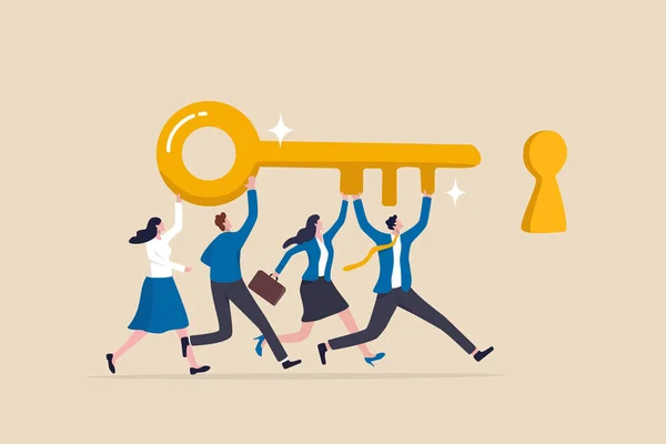 成功への鍵 チームワーク 問題を解決するための人々 キャリアの機会 秘密や発見のロックを解除 モチベーションの概念 ビジネスの人々のチームメンバーは 鍵穴に黄金の成功キープッシュを運ぶのに役立ちます — ストックベクタ