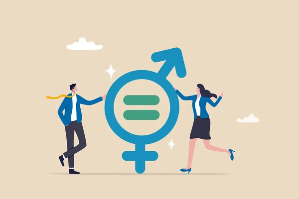 男女共同参画 男女共同参画 職場におけるバランスと多様性 女性と男性従業員は機会均等の概念を持ち ビジネスマンと女性は男女共同参画を象徴する — ストックベクタ