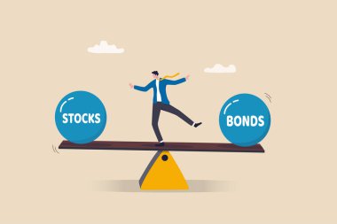 Stocks vs bonds in investment asset allocation, risk assessment portfolio or expected return in long term mutual funds, pension fund concept, businessman investor balance on stocks and bonds seesaw. clipart