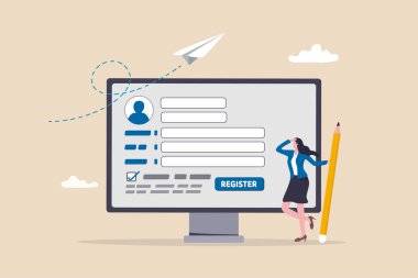 Yeni kullanıcı hesabı, kayıt formu veya başvuru formu kaydedin, bilgiyi İnternet 'e kaydedin, yeni bir iş ya da üyelik başvurusunda bulunun, kişisel hizmet kavramını uygulayın, kalem kayıt formunu tamamlayan iş kadını.