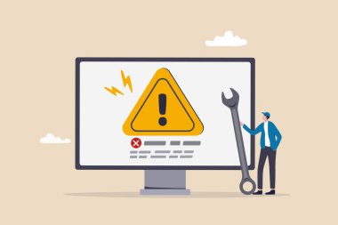 Sistem hatası, yazılım hatası veya sistem hatası, güvenlik alarmı veya donanım hatası düzeltilecek, dikkat veya bakım konsepti, genç teknisyen İngiliz anahtarı sabit sistem hatası mesajı bilgisayarda.