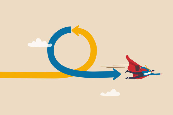 Гибкая методология в управлении проектами или разработке программного обеспечения, спринт или dev цикл для выпуска и улучшения продукта, процесс схватки или концепция рабочего процесса, бизнесмен супергерой летать с гибким циклом.