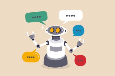 Chatbot çevrimiçi, soruları makine öğrenme veya yapay zeka, NLP sinirsel dil işleme konsepti, konuşma baloncuğuyla konuşan akıllı robot, konuşma diyaloğu ile cevaplamak için çevrimiçi hizmet.