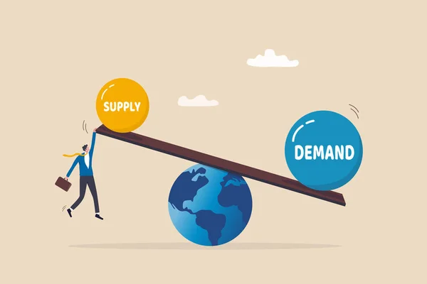 需求与供应平衡 世界经济供应链问题 商品和服务的市场定价模式 成本或零售概念 商人持有全球供求平衡 — 图库矢量图片