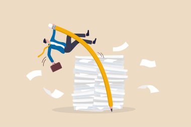 Efficiency or productivity to finish work, manage busy workload or paperwork, project documents or overcome exhausted or challenge concept, businessman jump pole vault over busy document paper. clipart