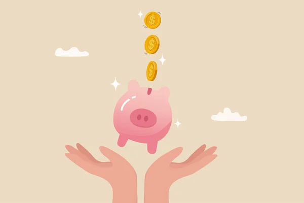 将来の概念のためのお金を節約するために お金のドル硬貨は手に落ちる貯金豚銀行を保持 — ストックベクタ