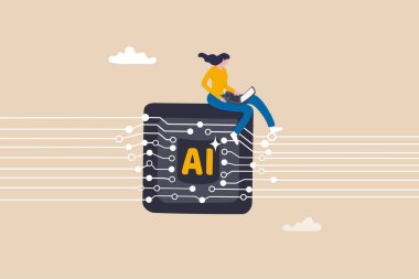 Yapay zeka, teknolojik yardım ve destek ile çalışan yapay zeka, yapay zeka mühendisi ya da robot yardım konsepti, yapay zeka çipi üzerinde çalışan kadın.