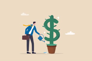 Bölünmeler yatırım, büyüyen kar veya borsa gelir artışı, para veya zenginlik artışı, başarı yatırımı, gelir büyüme kavramı, büyüyen iş adamı büyüyen dolar para santrali sulama.