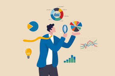 Veri analiz çizelgesi ve raporu, pazarlama içgörüsü, analitik veya optimizasyon diyagramı, akıllı bilgi ve iş adamı büyüteçle veri analiz eder veya analiz eder.