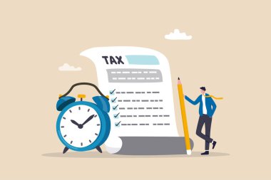 Tax time reminder, income tax planning, government payment date or financial refund, schedule or revenue calculation concept, businessman holding pencil with tax paper document and alarm clock.