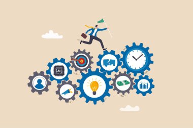 Yönetim veya proje yöneticisi, başarı için çalışma süreci veya iş akışı, kurumsal faaliyet, verimlilik veya verimlilik, hedef konsepte ulaşmak için strateji, işadamı iş akışı dişlilerinin üzerine atlama.