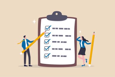 Task checklist, clipboard with to do list checkmark, task management to track work completion, accomplishment, survey or questionnaire concept, business people with pencil and checklist clipboard. clipart