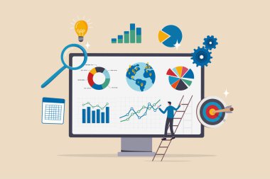 Veri analizleri, araştırma grafik ve grafik şeması, istatistik raporu, veri veya mali analiz, web sitesi pazarlama, optimizasyon konsepti, iş adamı monitördeki verileri analiz ediyor.