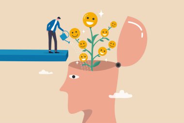 Refah, mutluluk ya da pozitif tutum, kaygıyı azaltmak için gevşeme olumlu duygu, duygu ya da zihinsel refah kavramı, insan beyninin sulanması gülen gülen yüz bitkisi.