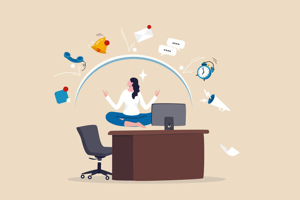 Distraction at work, annoyed disturb notifications, noise or trouble to focus or concentrate, inattention alert in the office, focus concept, businesswoman meditate protect distractions office desk.