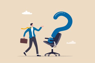 Yeni bir iş, kariyer yolu ya da istihdam arayışı, iş kararı ya da iş fırsatı, işe alım ya da işe alım kavramı, işadamı adayı adayı ve ofis başkanı soru işareti.