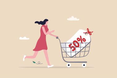 Satış indirimi online alışveriş, promosyon veya indirim perakende satış, e-ticaret pazarlama veya satış fiyat etiketi konsepti, alışveriş arabalı genç kadın% 50 indirim etiketi.