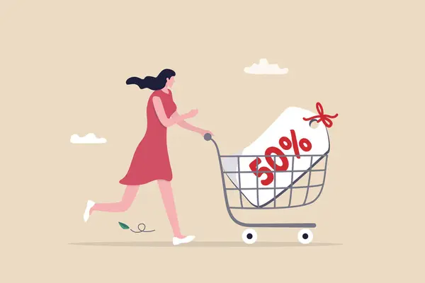 stock vector Sales discount online shopping, promotion or bargain retail purchase, e-commerce marketing or sales price tag concept, young woman with shopping cart trolley 50 percent discount price tag.