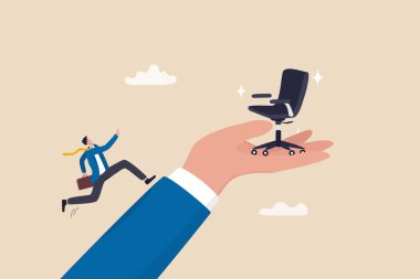 İş fırsatı, kariyer yolu ya da iş tanıtımında motivasyon, kariyer başarısına ulaşma hırsı, yeni bir iş bulma adayı, iş adamı yeni ofis koltuğuna doğru hızla koşuyor.